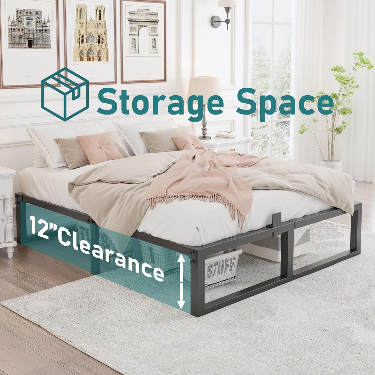 Yitong Angel California King Bed Frame, 14 Inch High 3500 lbs Metal Platform, Mattress Foundation with Steel Slat Support/No Box Spring Needed/Noise Free/Non-Slip/Easy Assembly