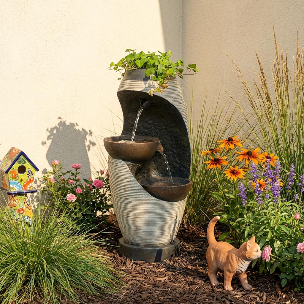 Bumilgar 2-Tier Bowl Water Fountain with LED Lights, 27.95' Tall Freestanding Outdoor & Indoor Garden Waterfall Fountain for Yard, Patio, Backyard, Floor Standing Home Decor