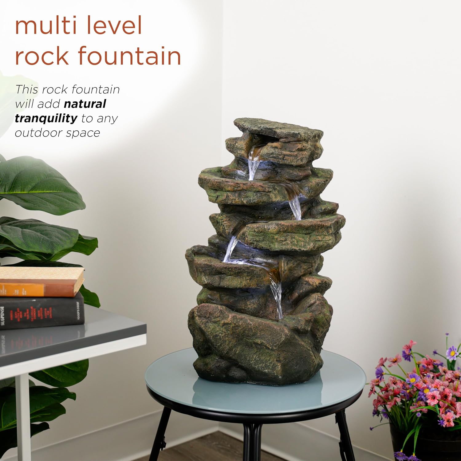 Alpine Corporation 20' H Outdoor Multi-Level Rock Floor Fountain with LED Lights, Brown