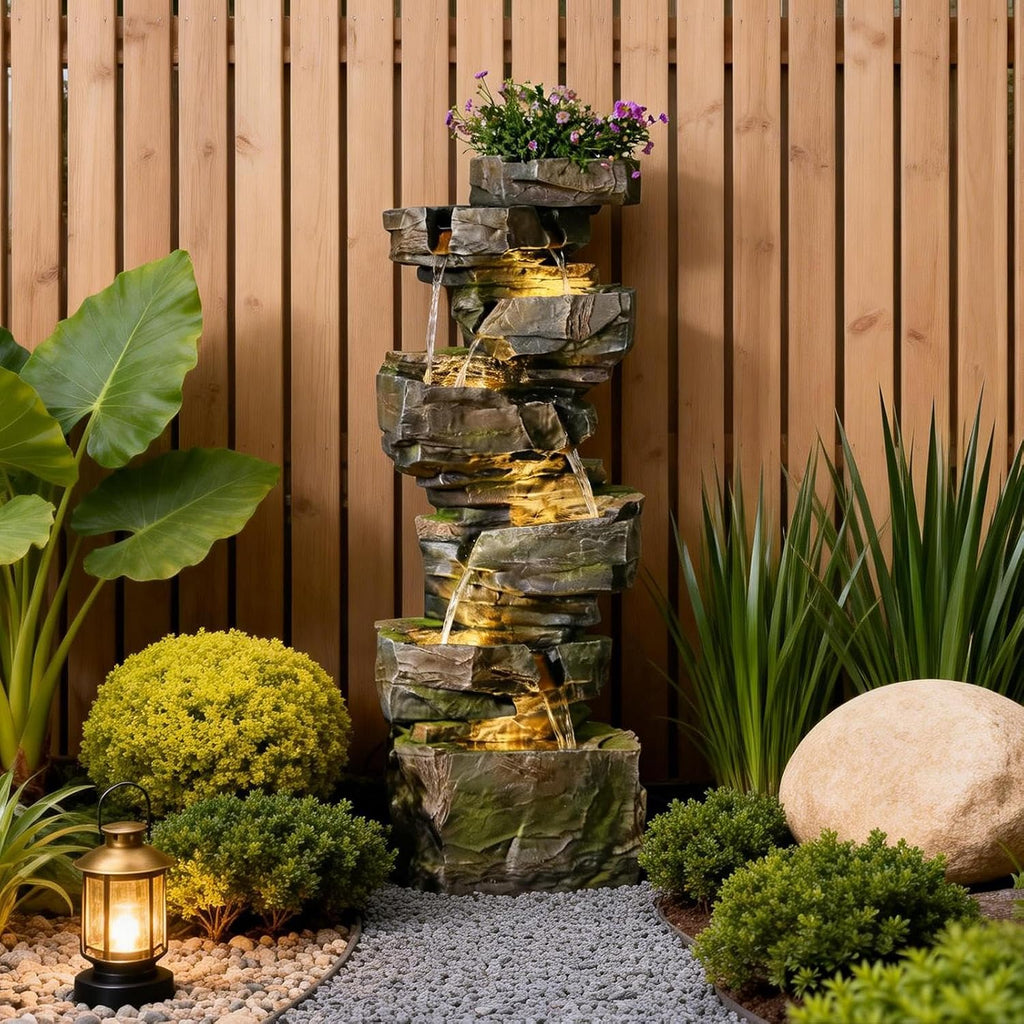 Sunlinua 48.6' H Outdoor Water Fountain with 6 Tiers Large Cascading Realistic Rock Waterfall Fountains with LED Lights Outdoor Water Fountain for Garden Patio Backyard Porch Home Decor