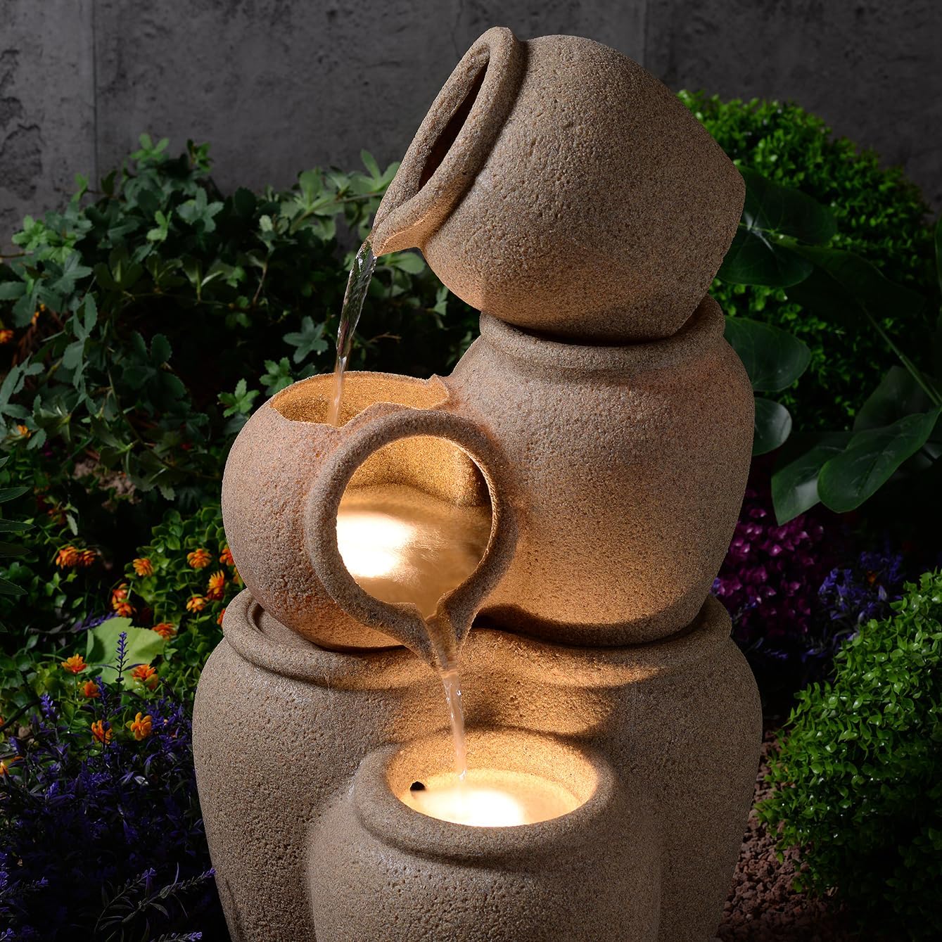 29.53' H 3-Tiers Cascading Jars Outdoor Water Fountain Made with Eco-Friendly Recyclable Materials, Polyethylene Waterfall Fountain, Outdoor Decor with LED Lights for Patio, Backyard