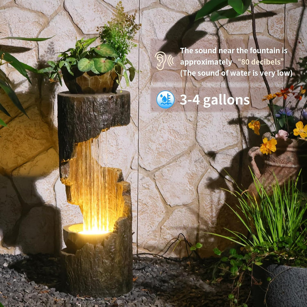 Outdoor Fountain Garden - Patio Waterfall Fountain with Lights, Rustic Wood-Style Cascading Waterfall with Planter Bird Feeder, Resin Water Feature for Deck, Patio, Backyard or Porch, 33.9' H