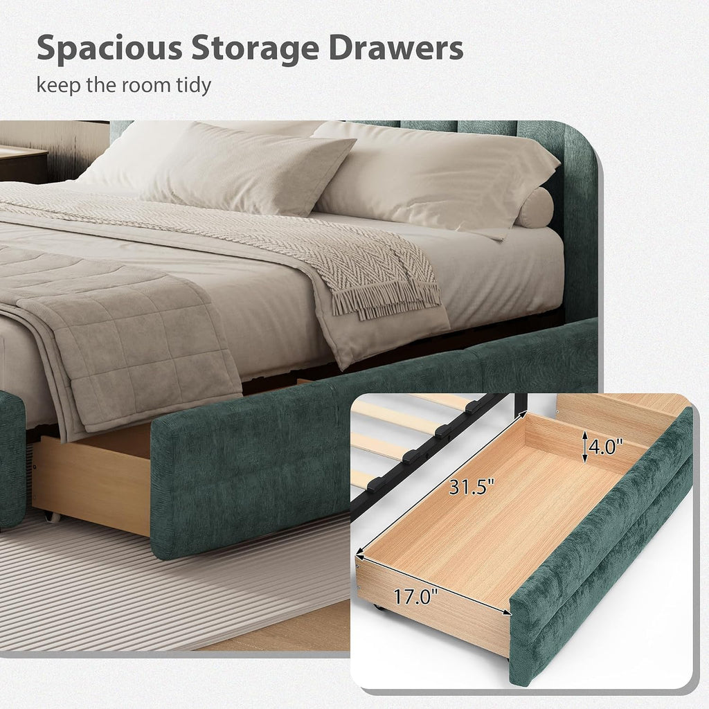 DEINPPA Queen Size Bed Frame with 4 Storage Drawers and Cloud Soft Headboard, Chenille Upholstered Grounded Wood Base Bed Frame, No Box Spring Needed-Blue+Green