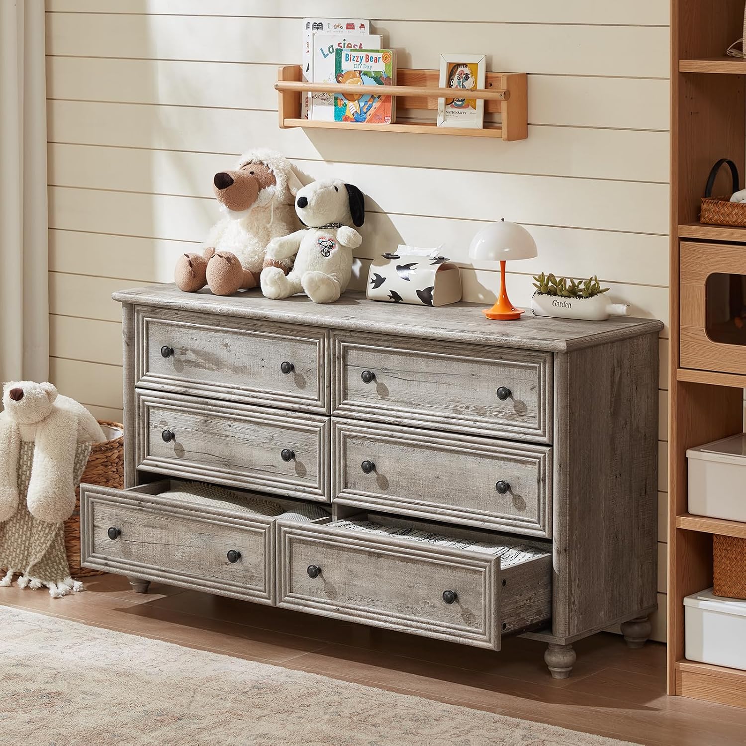 Farmhouse Dressers & Night Stand Set of 3, Wood 54' Wide 6 Drawer Dresser & 35.5'Tall Chest of Drawers, 18' with Charging Station Nightstand, Bedroom Furniture Dresser Set for Home Living Room Hallway