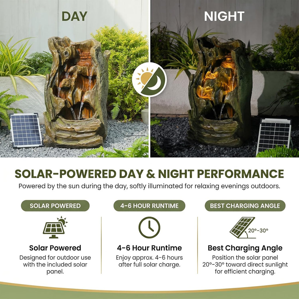 Bumilgar Solar Outdoor Water Fountain, 24.4' Tall Tree Stump Cascading Fountain with Solar Powered Pump, Realistic Wood Grain Resin Water Feature for Garden, Patio, Backyard and Yard Decor