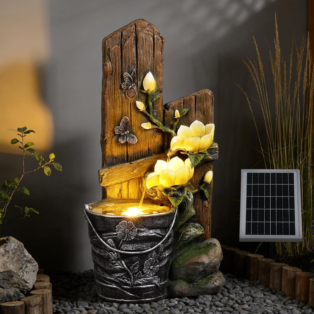 30.7' Tall Solar Water Fountain Outdoor Garden, 3 Tier Rustic Solar Powered Fountain Outdoor Faux Iron Bucket with LED Lights for Garden, Patio, Backyard, Deck, Porch, Yard