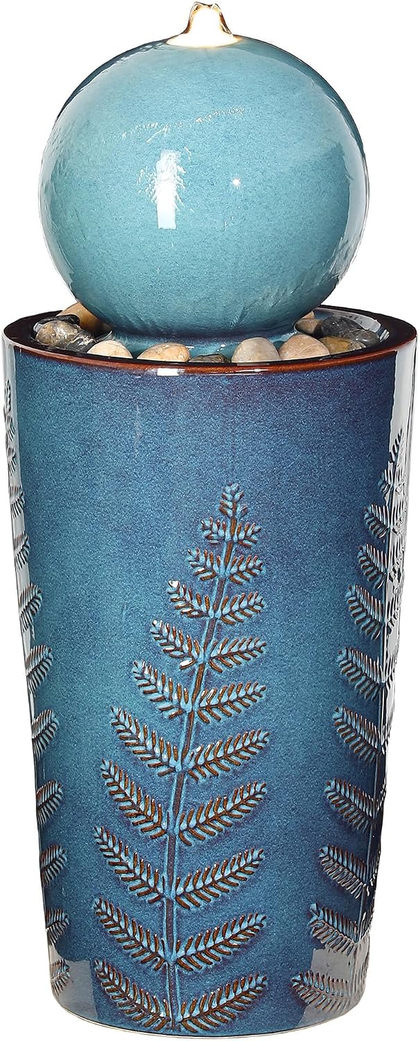 29.5' H Ceramic Sphere Water Fountain with LED Lights, Modern Nature-Inspired Design, Teal Blue Glaze with Leaf Patterns & Pebbles, Soothing Trickling Water Feature for Patio, Yard and Garden