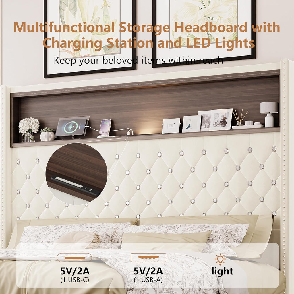 Queen Size Bed Frame with Storage, Velvet Tufted Soft Bed Frame with 52'' High Headboard with Rivet Decoration, Wing-back Platform Bed with Headboard Shelf, No Box Spring Needed (Beige,Queen,42)