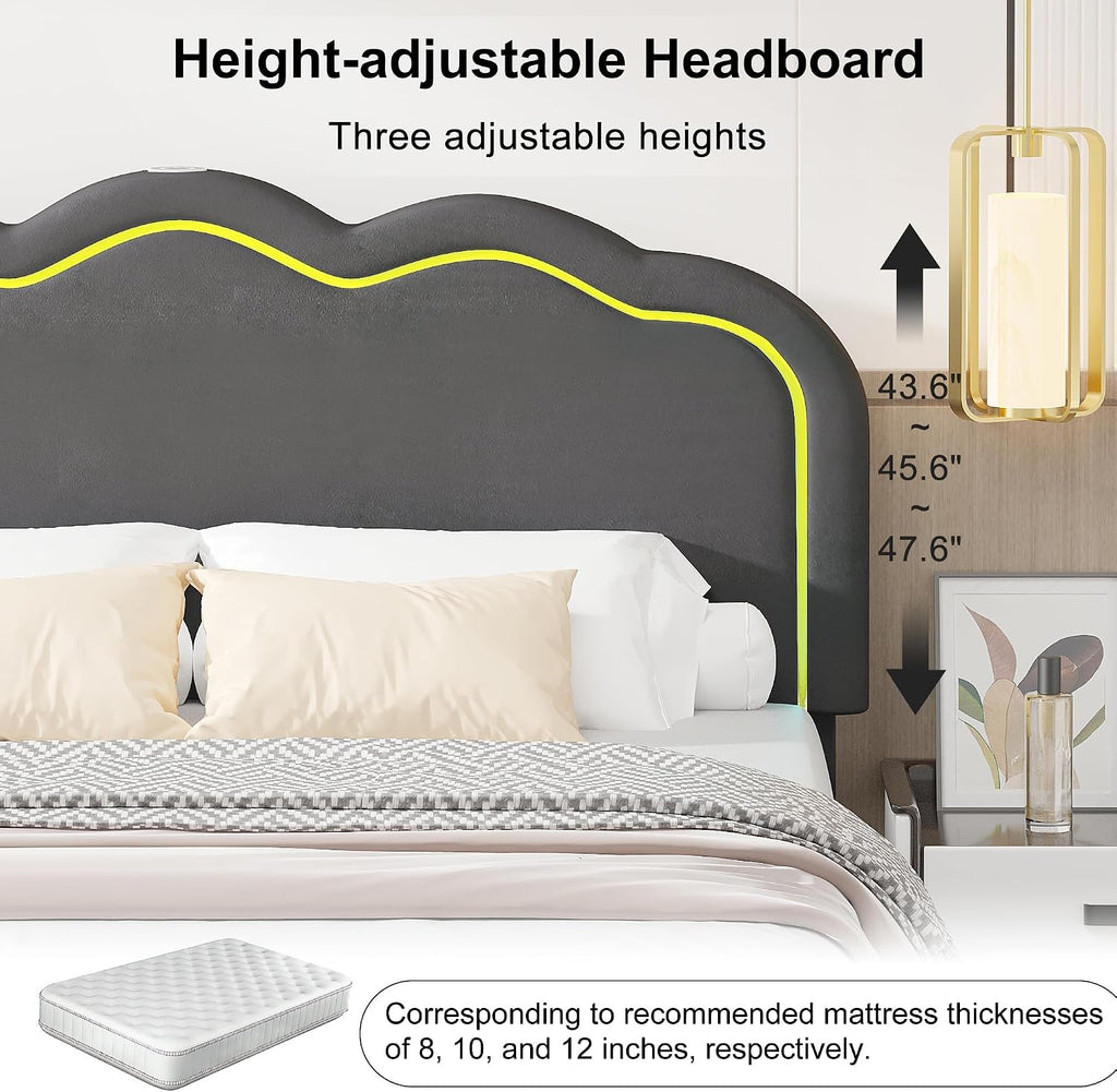 VECELO Upholstered Queen Size Bed Frame with Headboard Adjustable, LED Lights, USB-A & Type-C, Velvet Platform Bed Noise Free, Mattress Foundation with Wooden Slats, No Box Spring Needed, Dark Grey