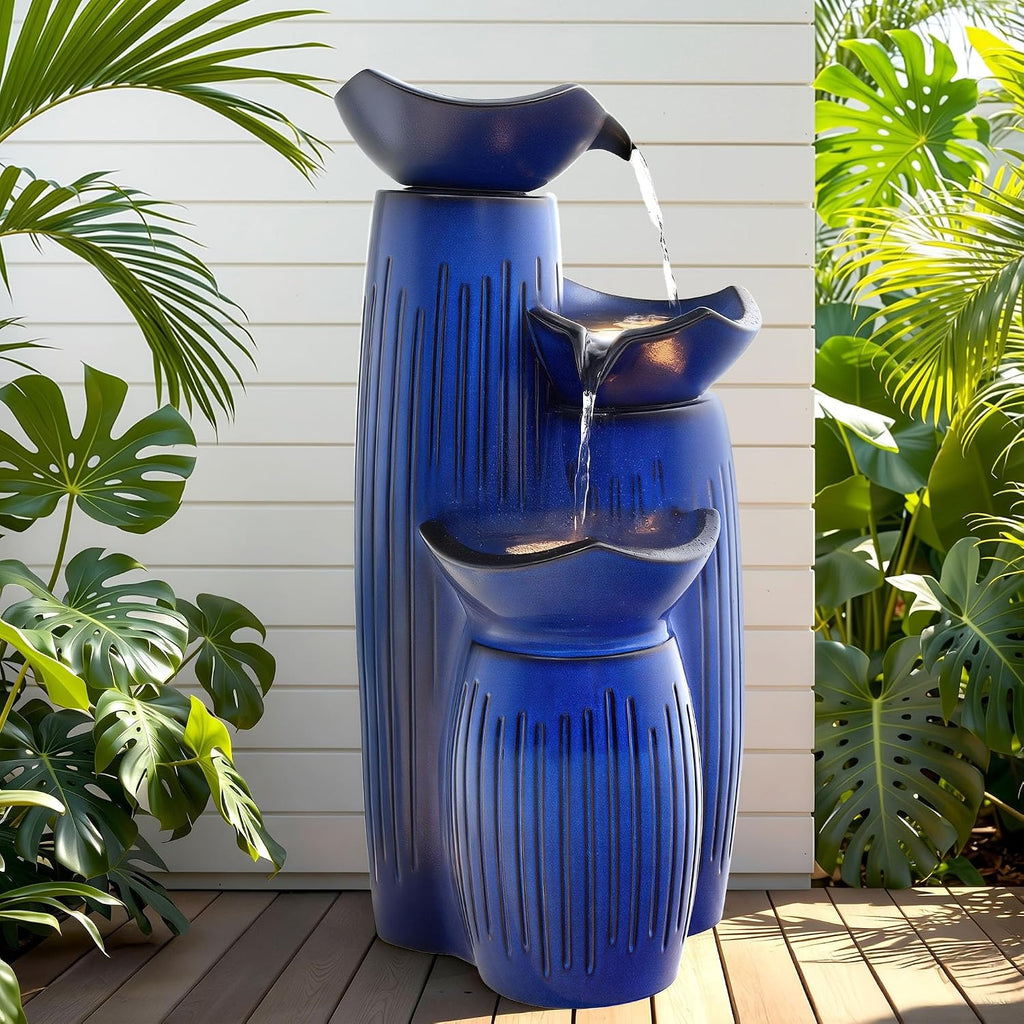 Modern Ceramic Outdoor Water Fountain with LED Lights, 30' 3-Tier Geometric Pedestal Water Feature with Fluted Texture, Relaxing Cascading Waterfalls for Garden Lawn Patio Yard Art Decor