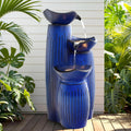 Modern Ceramic Outdoor Water Fountain with LED Lights, 30' 3-Tier Geometric Pedestal Water Feature with Fluted Texture, Relaxing Cascading Waterfalls for Garden Lawn Patio Yard Art Decor
