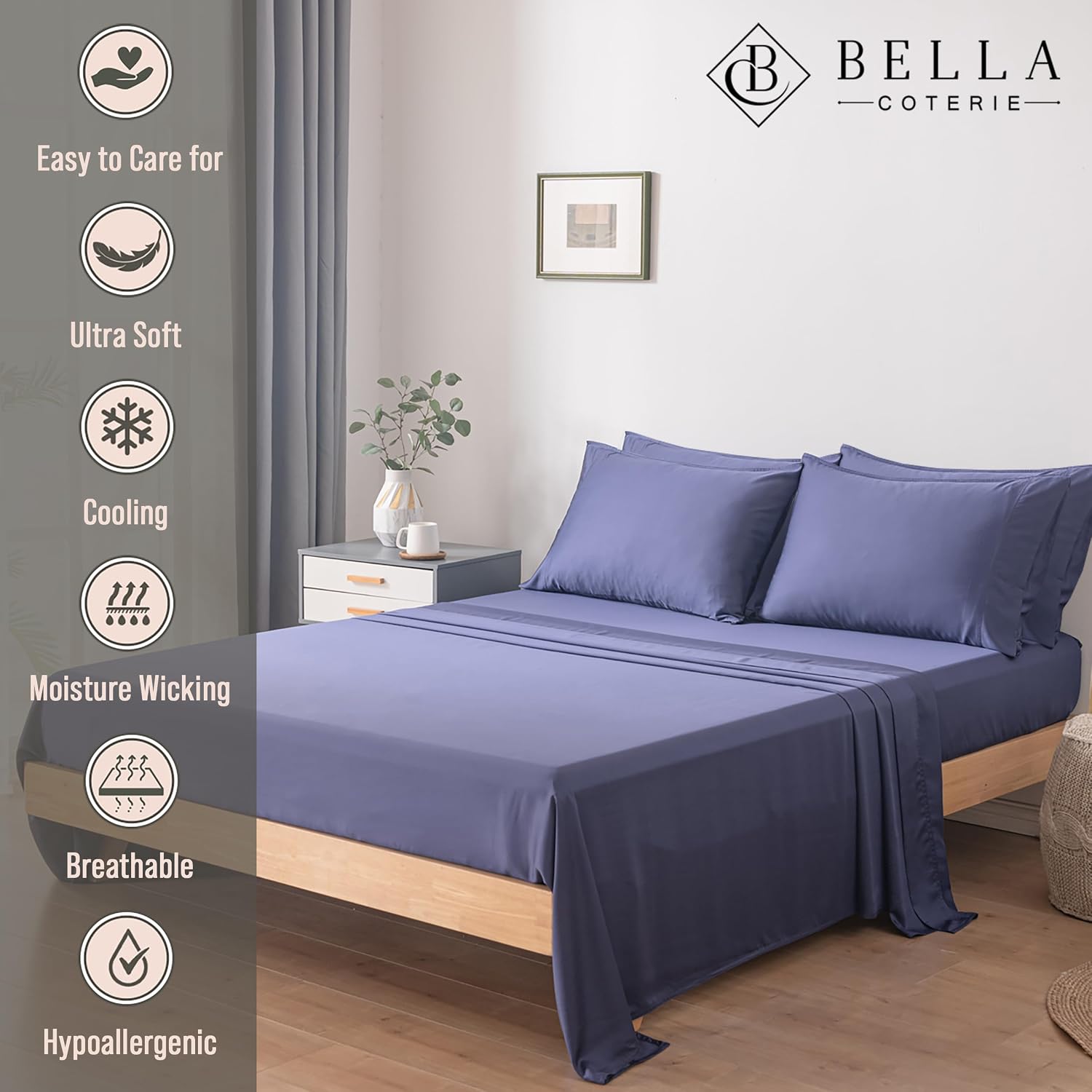Bella Coterie 6 Piece Luxury Bamboo Viscose King Size Sheet Set | 100% Organically Grown | Cooling for Hot Sleepers | 18' Deep Pocket | Soft & Hypoallergenic | 4 Pillowcases [Twilight Blue]