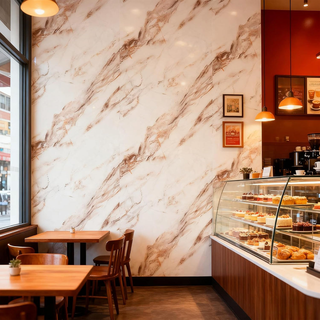 Brown Carrara Marble Peel and Stick Wallpaper, Glossy Texture Vinyl Wall Panels, Waterproof Renter Friendly, 23.6' x 394', TV Accent Wall, Bathroom, Foyer, Coffee Shop Decor