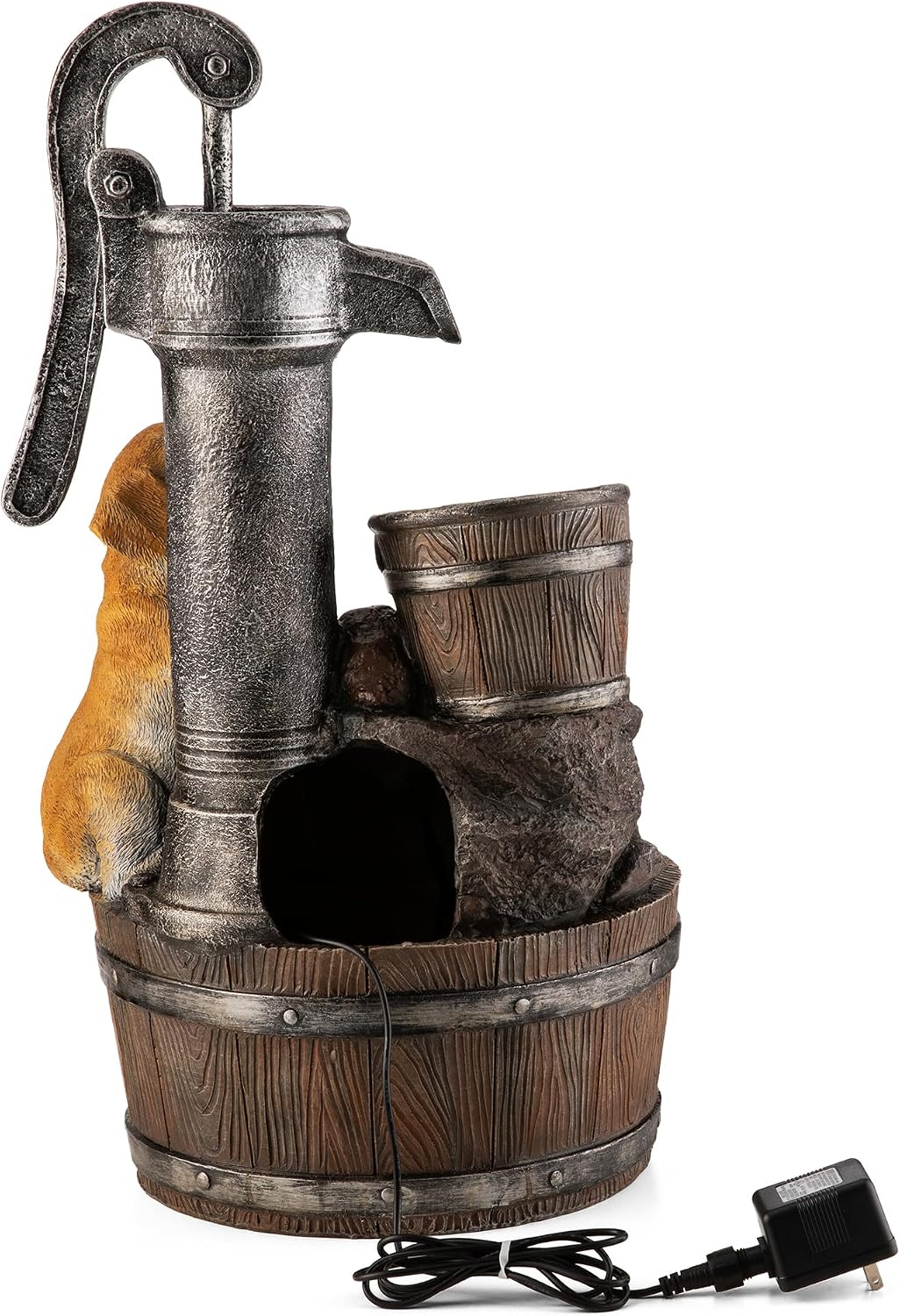 Glitzhome Water Fountain Outdoor, Outdoor Fountain with Lights & Pump, 23.75' H Cute Dog Playing Around The Water Polyresin Cascading Waterfall Floor Standing Water Feature for Garden, Patio