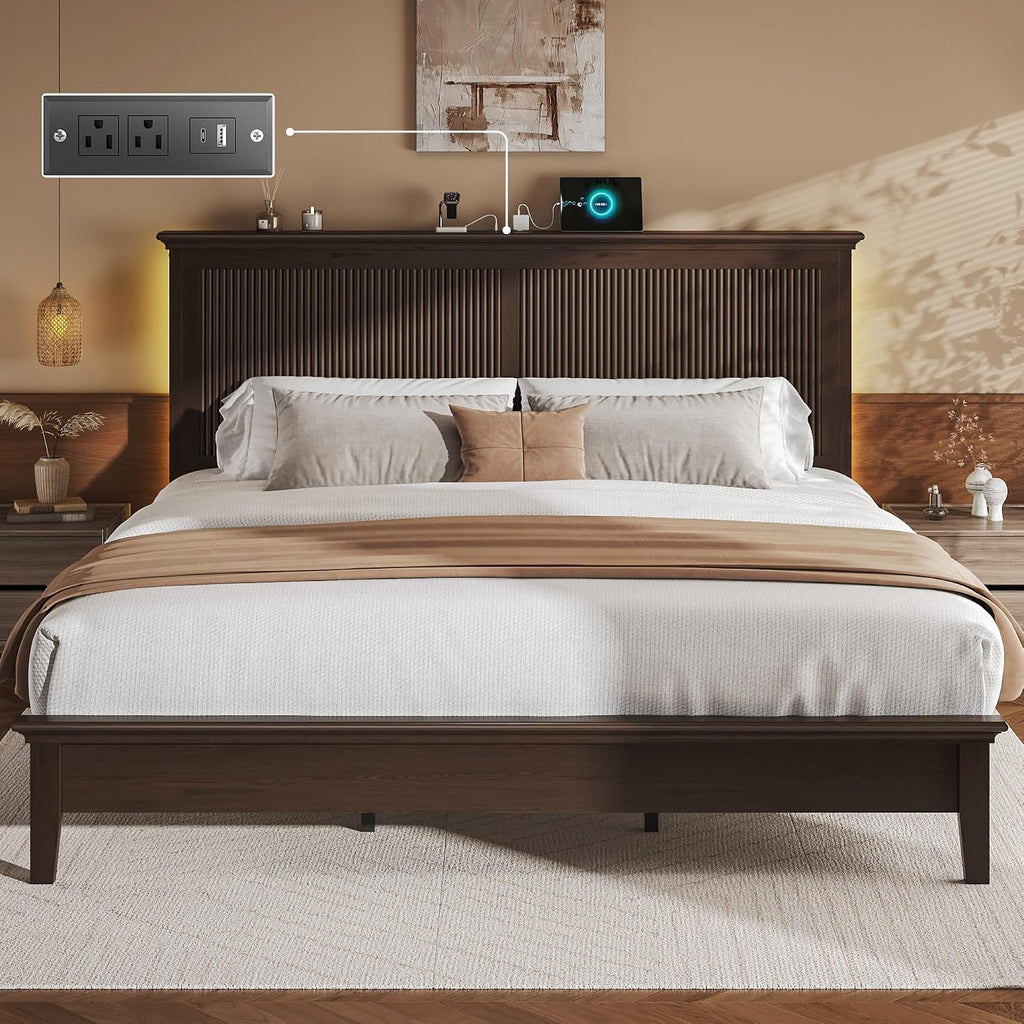 Lifezone King Bed Frame with Headboard, Solid Wood Bed Frame King Size with Charging Station & RGB LED, Wood Slats Support, Noise-Free, Sturdy Structure, Easy Assembly, Walnut