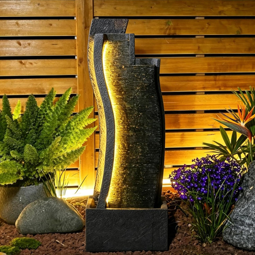 Sunlinua 43H Modern Outdoor Water Fountain with LED Light Garden Cascading Curved Waterfall Feature for Indoor or Outdoor Relaxing Garden Patio Backyard Deck Porch or Home Décor