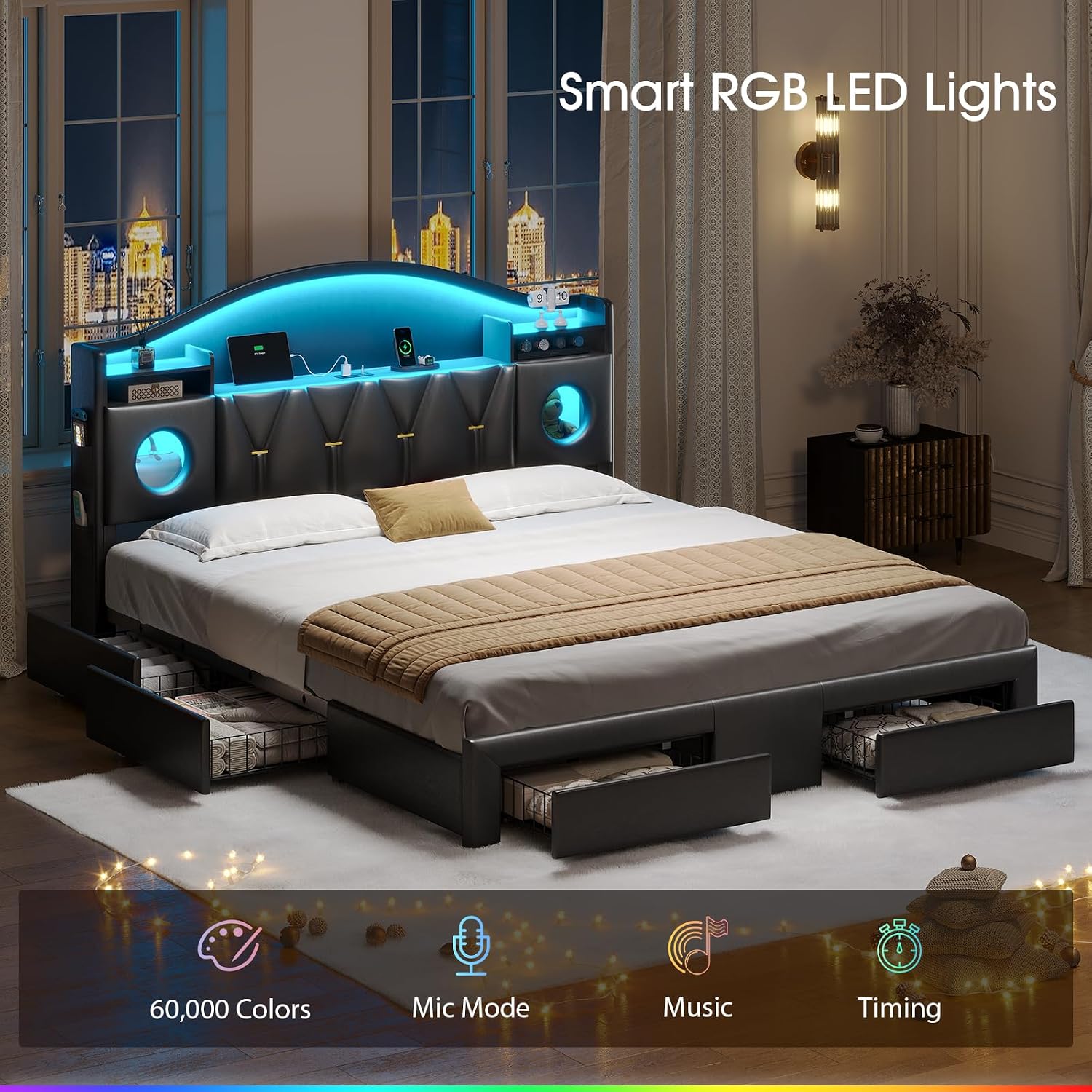 California King Bed Frame with 6 Storage Drawers, Platform Cal King Bed Frame with Headboard, LED Lights&Charging Station, Noise-Free, No Box Spring Needed, Easy Assembly, PU Black