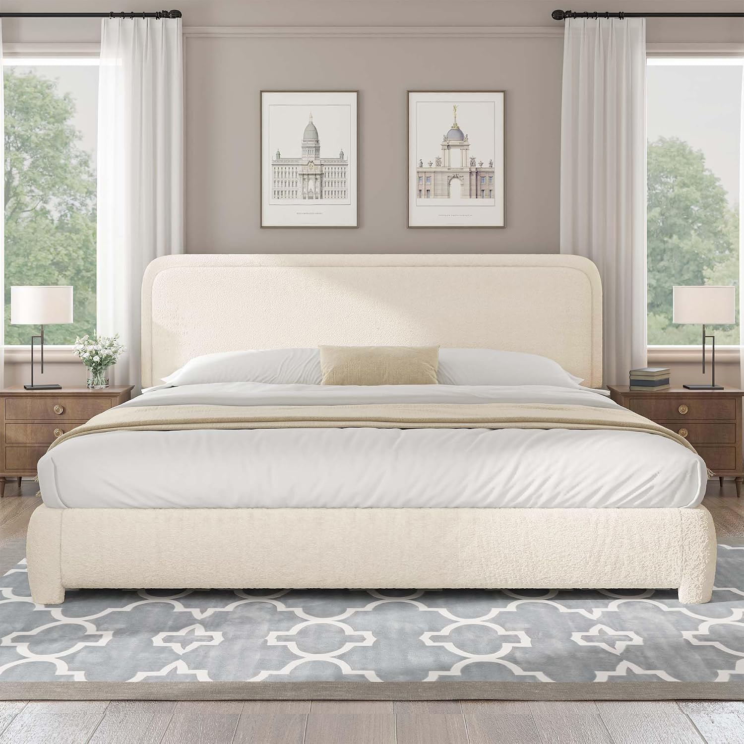 BarnFurin Boucle Upholstered California King Bed Frame/Soft Rounded Corners Headboard/Low Profile Bed Frame/No Box Spring Needed/Non-Slip and Noise-Free/Cream