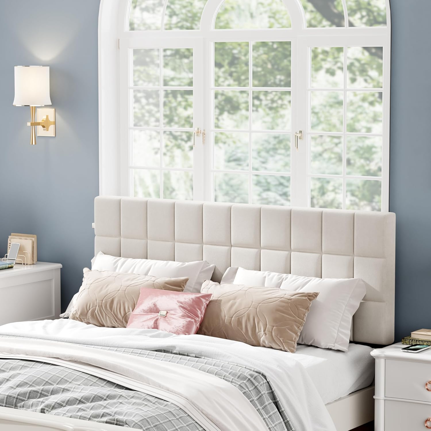Andeworld Velvet Upholstered Tufted King Size Headboard,Wood Head Board with Metal Legs, Adjustable Height from 42' to 56', Bed Headboard in Modern Design,Backboard for Bed, Beige