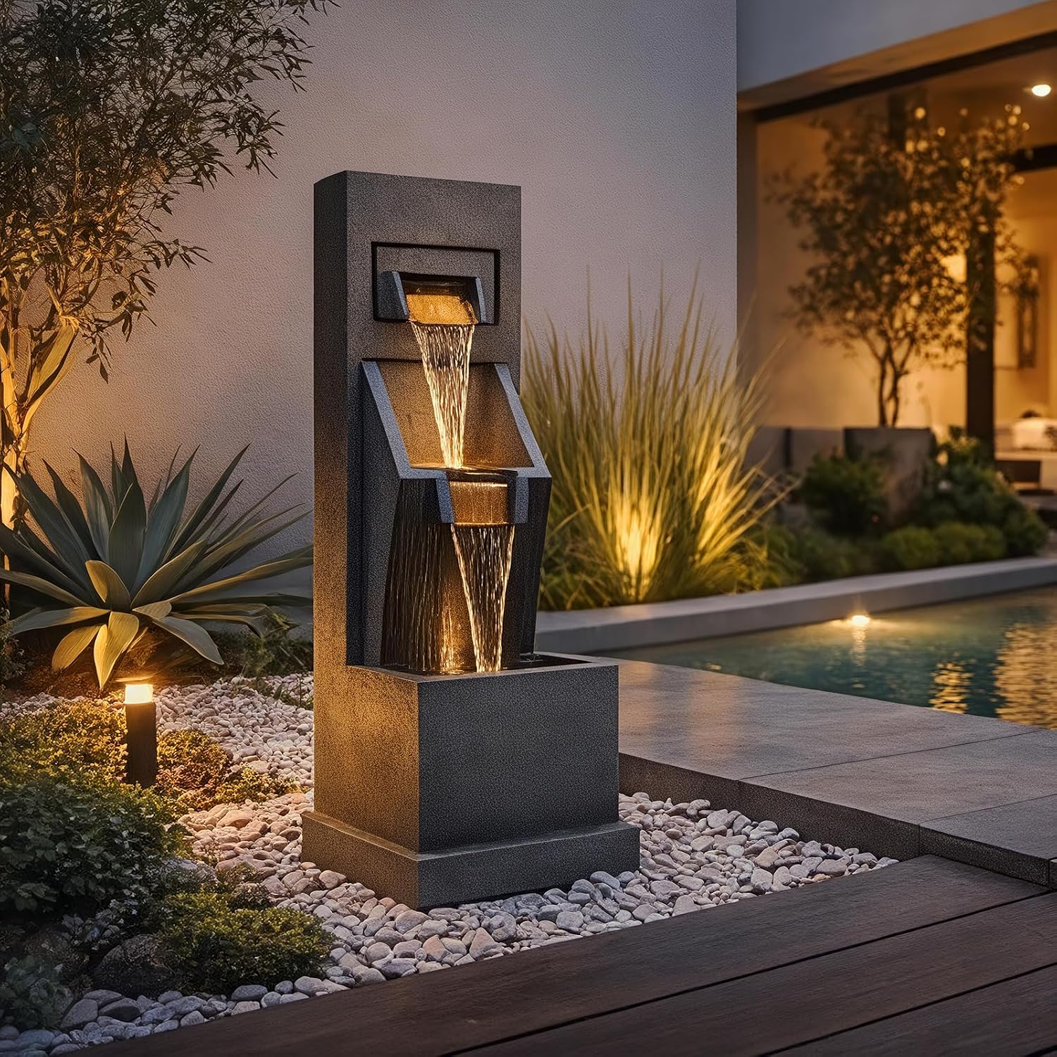 Sunlinua 35H Modern Outdoor Water Fountain with 3-Tiers Cascading Waterfall Feature for Indoor or Outdoor Cascading Waterfall for Relaxing Garden Patio Backyard Deck Porch or Home Décor