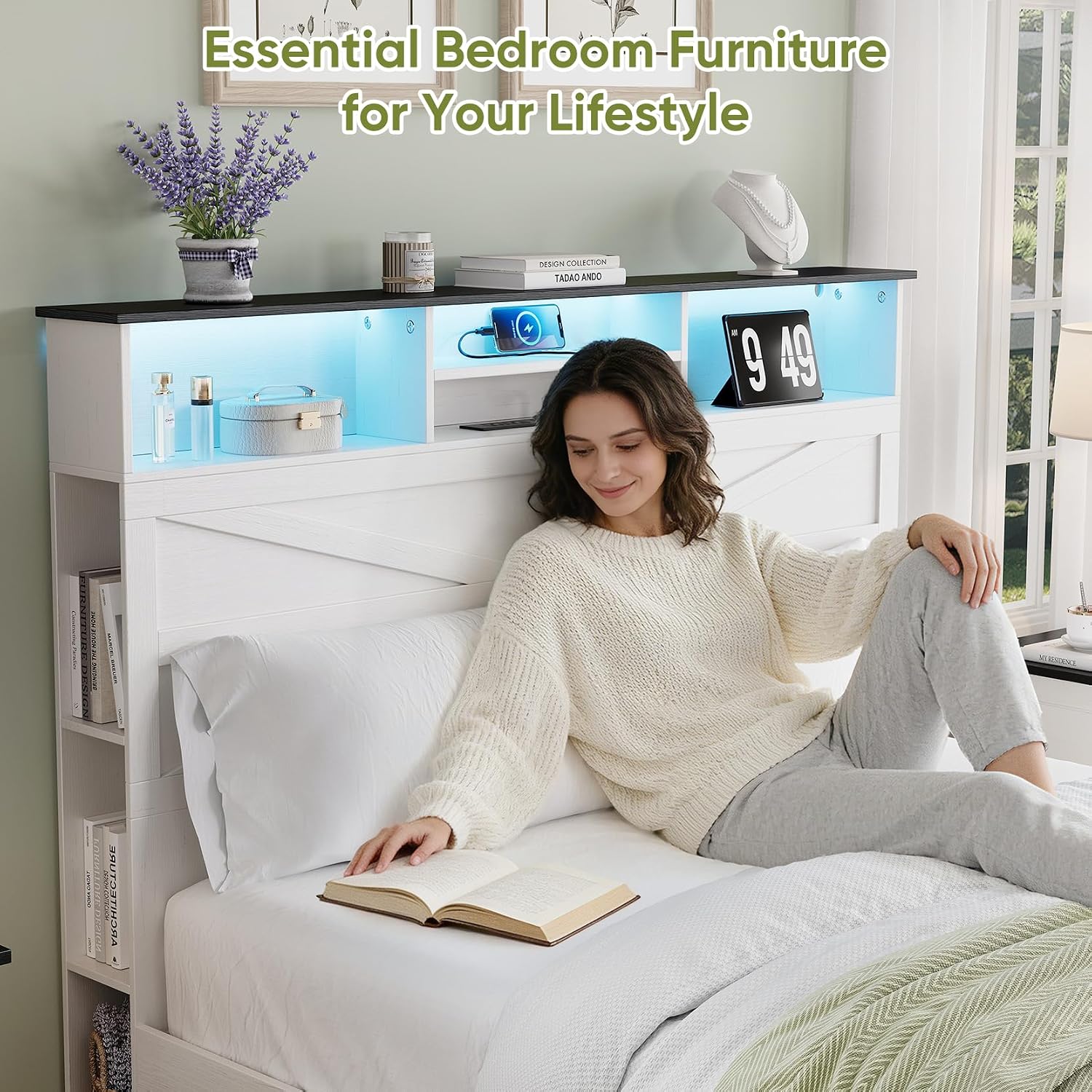 Farmhouse Full Size Bed Frame with 51' Tall Storage Headboard, 3-Tier Bookcase on Both Sides, Wooden Full Bed Frame with Charging Station and LED Lights, Noise Free, No Box Spring Needed, White