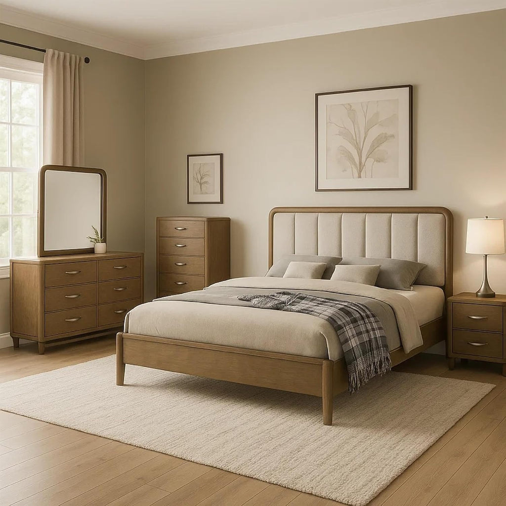 Benzara Deon 5 Piece Queen Bedroom Set, Upholstered Headboard, Brown Hardwood