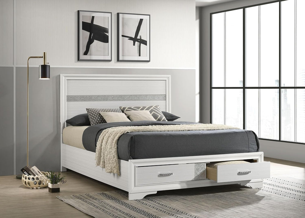 BOWERY HILL Modern Queen Storage Panel Bed, Asian Hardwood and MDF, White/Rhinestone Finish, Built-in Footboard Drawers, Contemporary Design, Glamorous Bedroom Furniture, 50.25 in H x 63.5 in W x