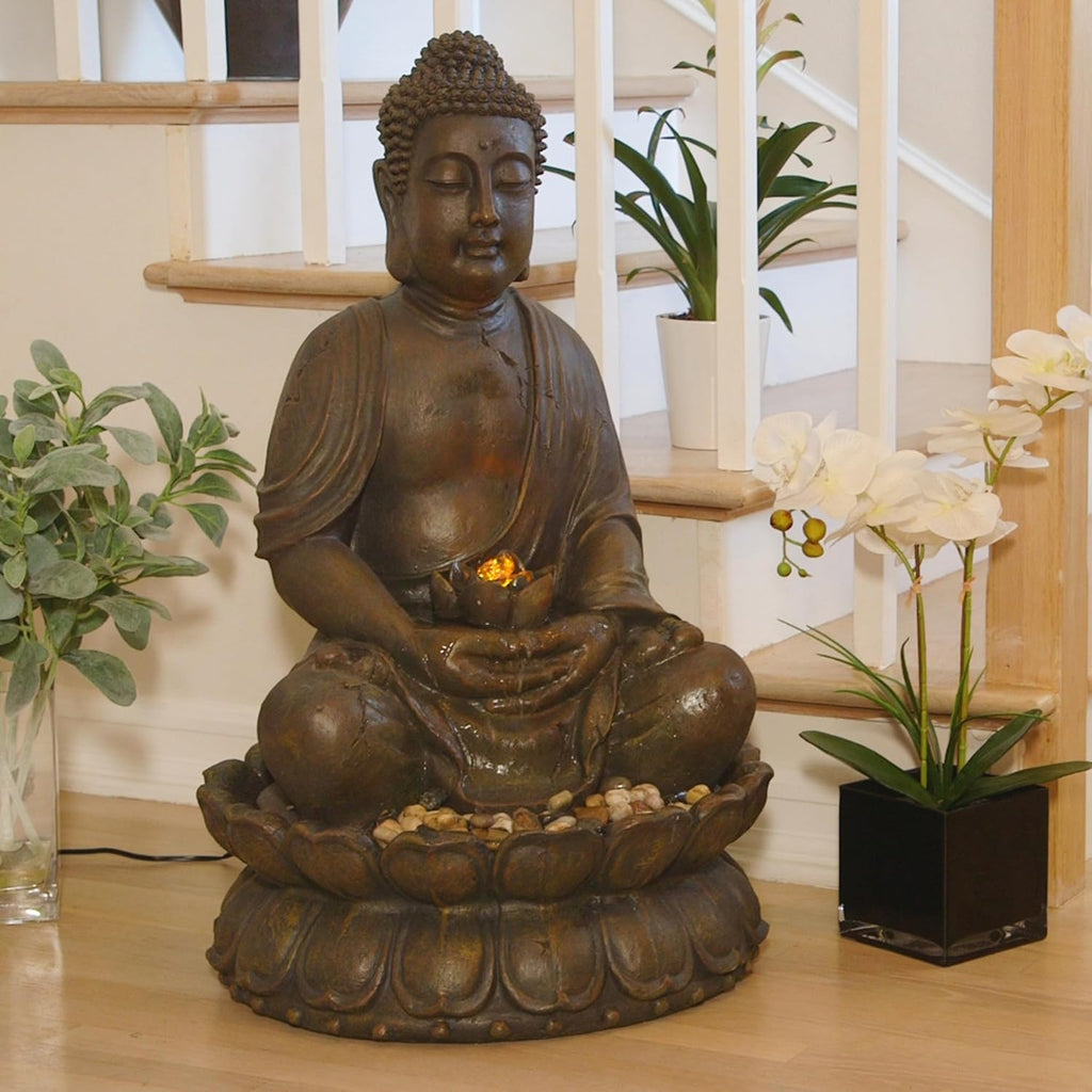Alpine Corporation GEM122 Outdoor Floor Meditating Soothing Buddha Statue Waterfall Fountain for Garden, 33', Bronze