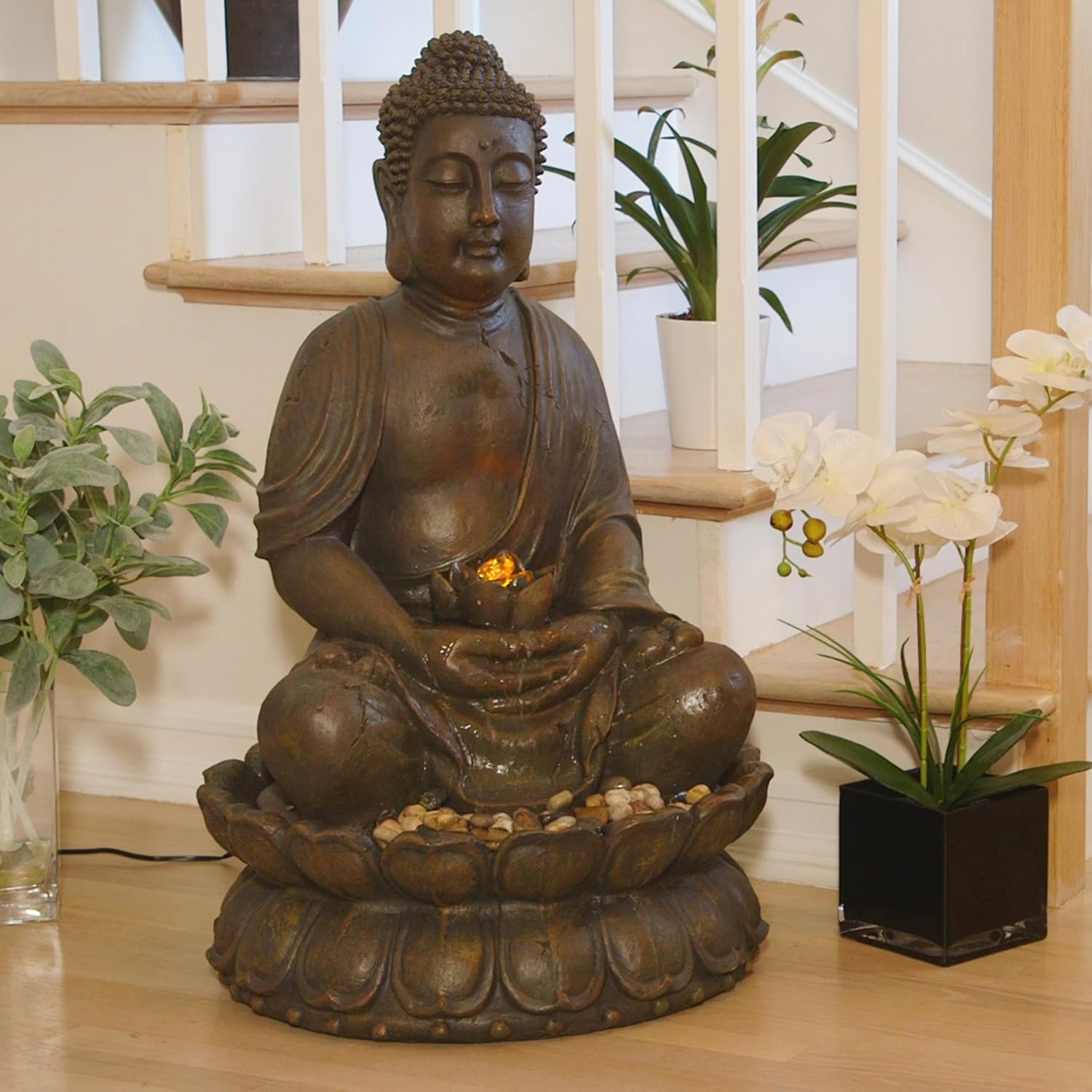 Alpine Corporation GEM122 Outdoor Floor Meditating Soothing Buddha Statue Waterfall Fountain for Garden, 33', Bronze