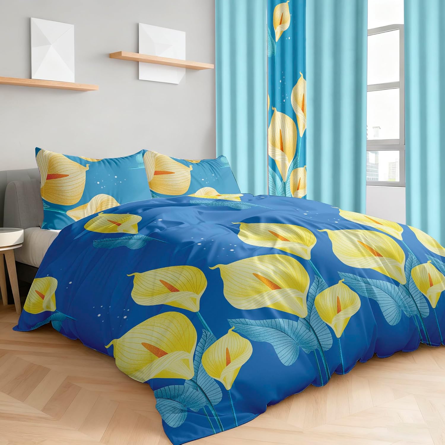 Deepsleep California King Bedspread Set 9 Pieces, All Season Luxury Bed in a Bag for Bedroom, with 2 Pillowcases and 6 Curtains, Ultra-Soft Microfiber for Complete Bedroom Decor, Yellow Calla Lily