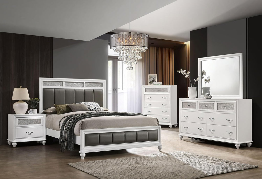 Coaster Home Furnishings Barzini Modern Classic 5-Piece Bedroom Set Leatherette Upholstered Queen Size Panel Bed Frame 56-inch Headboard White 205891Q-S5