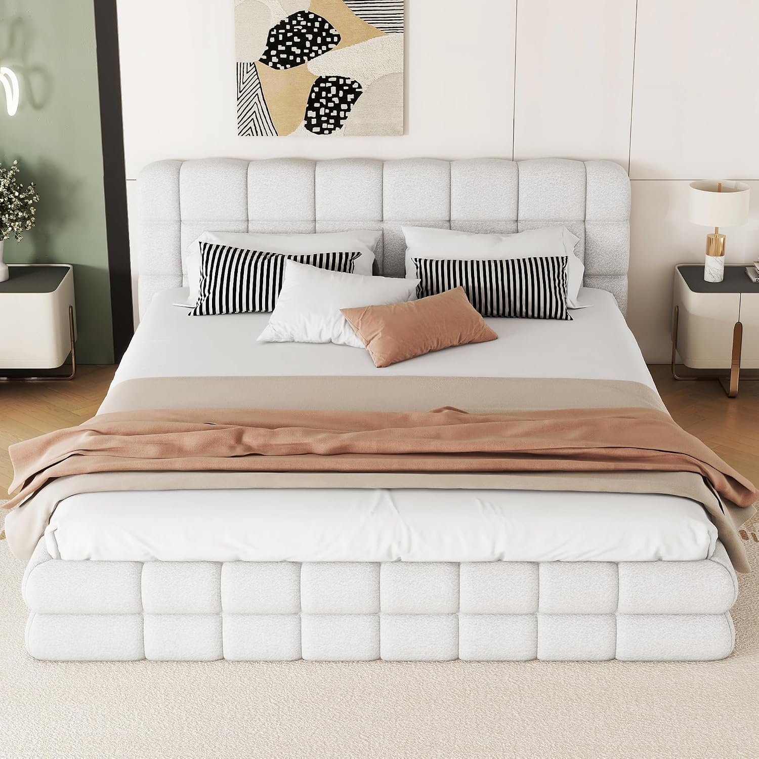 Ball & Cast Queen Size Low Bed Frame with Soft Fleece Headboard, Grounded Floor Platform Bed with Wood Slats Support for Kids Teens Adults,No Box Spring Needed,Easy Assembly,White