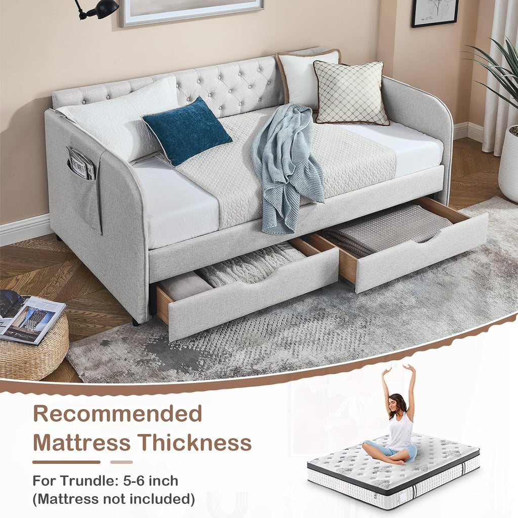 Antetek 80.5' Daybed with Drawer, Modern Button Tufted Linen Day Bed with Trundle Bed Twin to King, Upholstered Daybed Frame w/Storage Pocket for Bedroom, Living Room, No Box Spring Needed, Beige