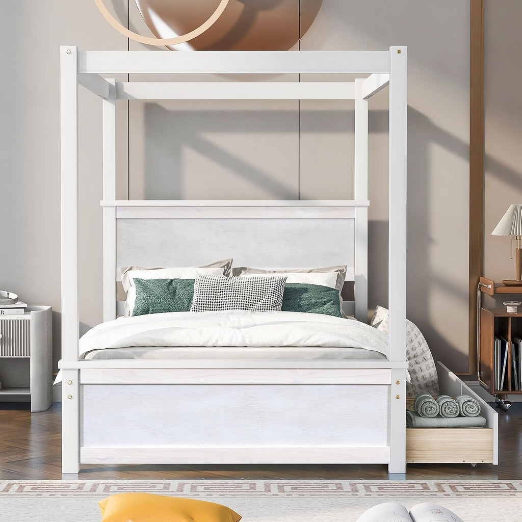 Harper & Bright Designs Wood Canopy Bed with Two Drawers, Full Size Canopy Platform Bed with Support Slats .No Box Spring Needed, Brushed White