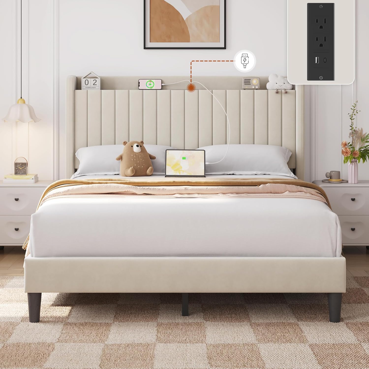 Yaheetech Queen Bed Frame with USB Charging Station and Storage Shelf/Upholstered Headboard Platform Bed with Wing Side/Wooden Slats Support/Noise Free/No Box Spring Needed/Easy Assembly, Beige
