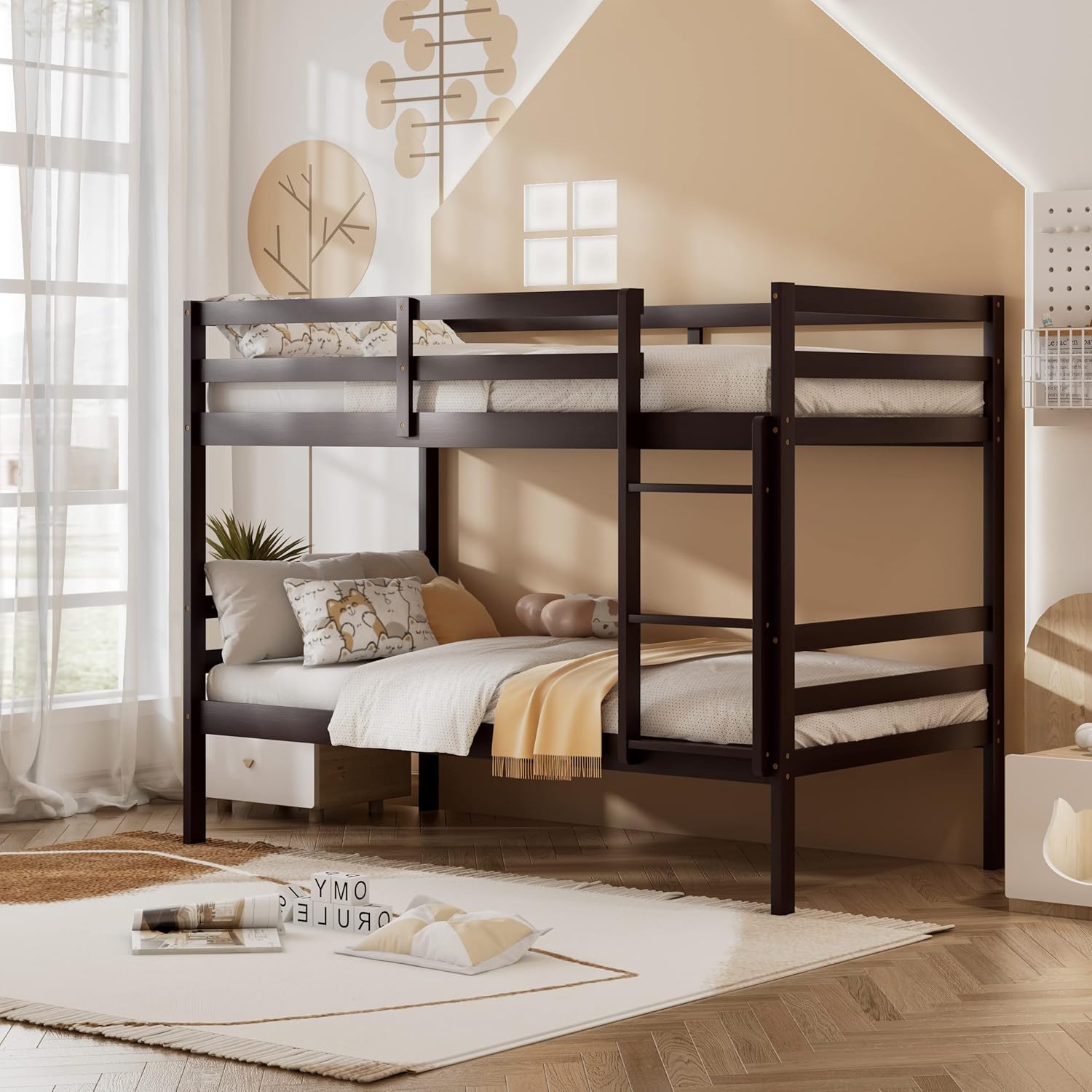 KOMFOTT Wood Bunk Bed Twin Over Twin, Bunk Bed with Ladder & Safety Guardrail, Solid Wood Bed Frame, Ideal for Dormitory & Multiple-Child Family, No Box Spring Needed, Kids Twin Bed