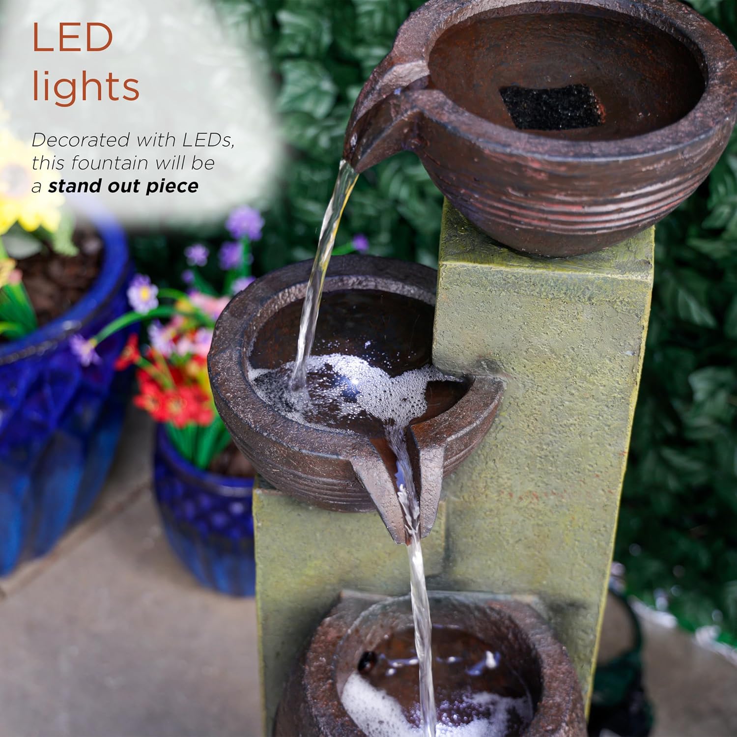 Alpine Corporation 32' Tall 3 Tier Basins Water Fountain with LED Lights, Waterfall Decor, Elegant Cascading Water Feature for Garden, Patio, Yard & Outdoor Spaces, Multi-Color