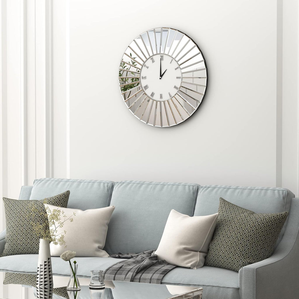 SHYFOY Mirrored Wall Clocks, 24' Decorative Large Clock for Wall Decor, Oversize Glass Wall Clock for Living Room, Big Silver Clock Modern Luxury Home Decor