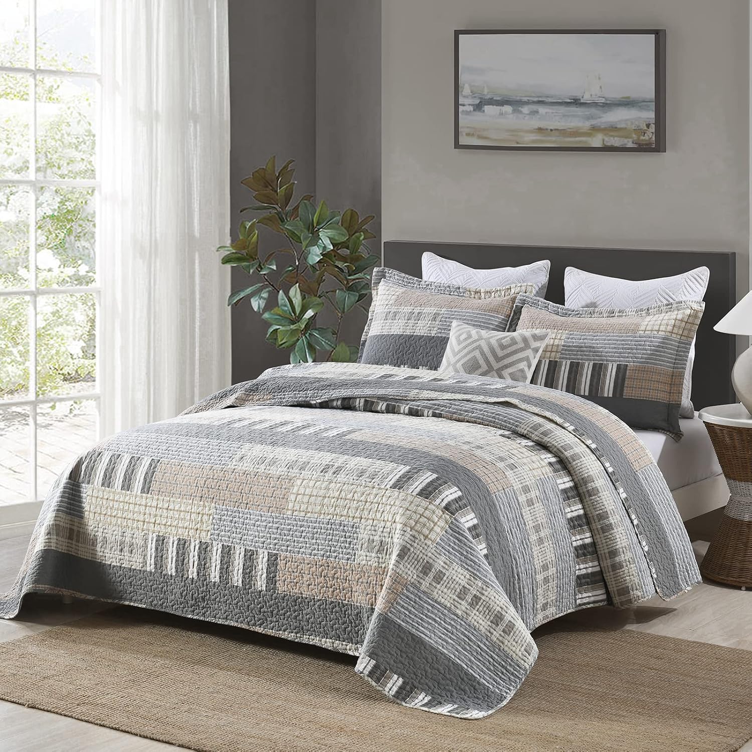 PANGUSHAN Quilt Set King Size, 100% Cotton Quilt Bedding Set Bedspreads, Patchwork Plaid Farmhouse Reversible Lightweight Comforter Bed Spread for King Bed, Gray/Brown, 3 Pieces