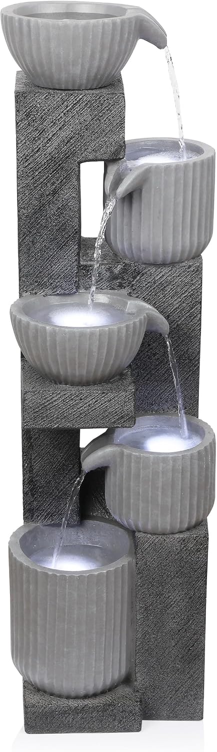 Alpine Corporation 40' Tall Outdoor 5 Tiered Pot Decorative Waterfall Floor Fountain with LED Lights, Perfect for Patios, Yards, and Landscaping, Gray