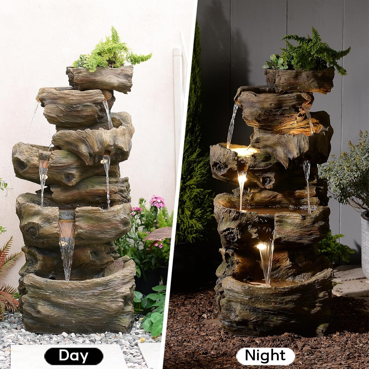 Sunlinua 40' H Outdoor Water Fountain with 5 Tiers Large Cascading Realistic Tree Trunk Waterfall Fountains with LED Lights Outdoor Water Fountain for Garden Patio Backyard Porch Home Decor