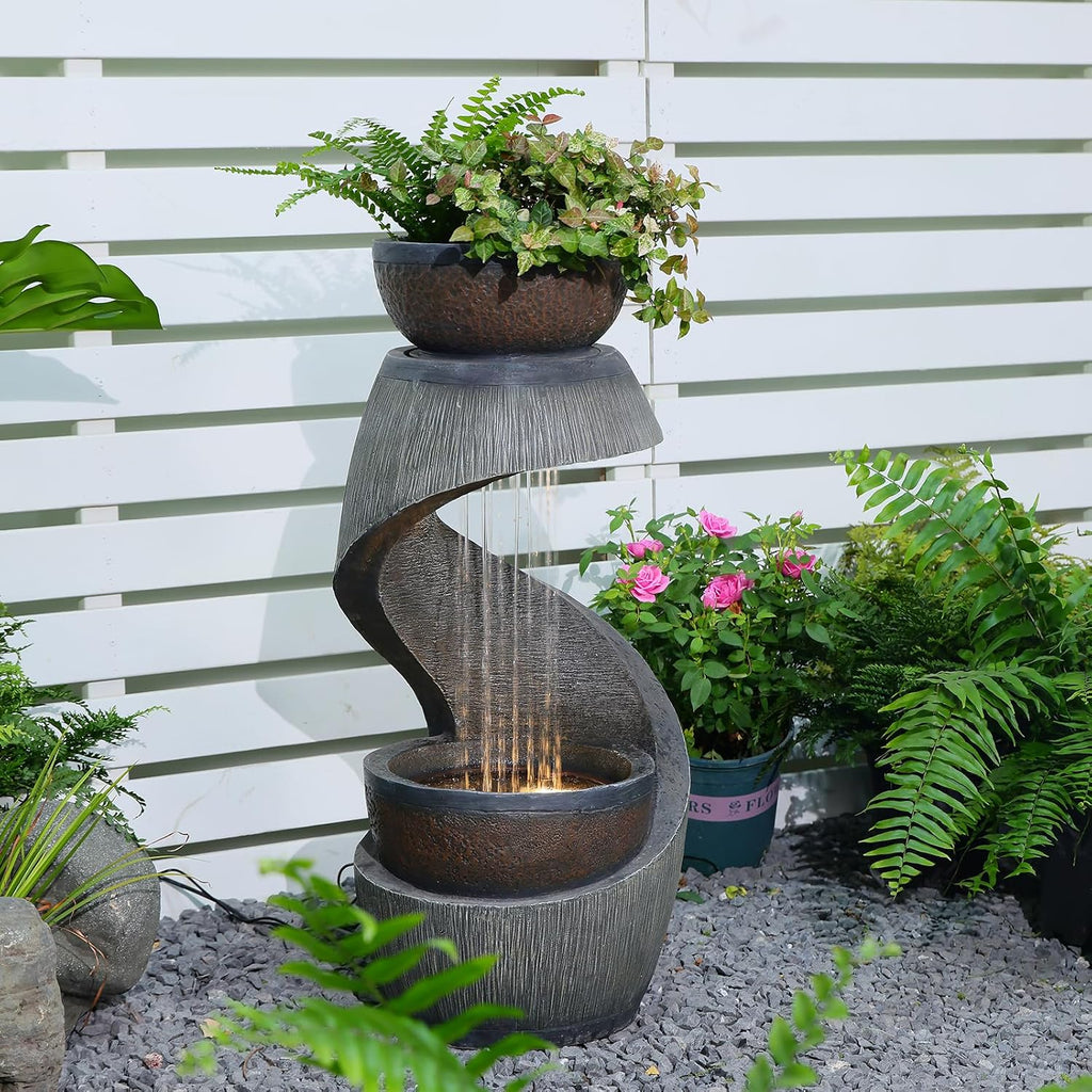 31.9' S-Shaped Outdoor Water Fountain with Lights – Resin Waterfall Fountain Outdoor with Planter Bowl, Modern Grey Garden Water Feature for Patio, Balcony, Yard, Home Decor