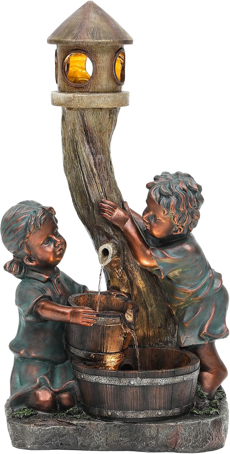 31' H Boy & Girl Outdoor Water Fountain with LED Lights, Faux Bronze Resin Statue Fountain, Wood Barrel & Pagoda Design, 3-Tier Cascading Waterfall for Serene Patio, Yard and Porch