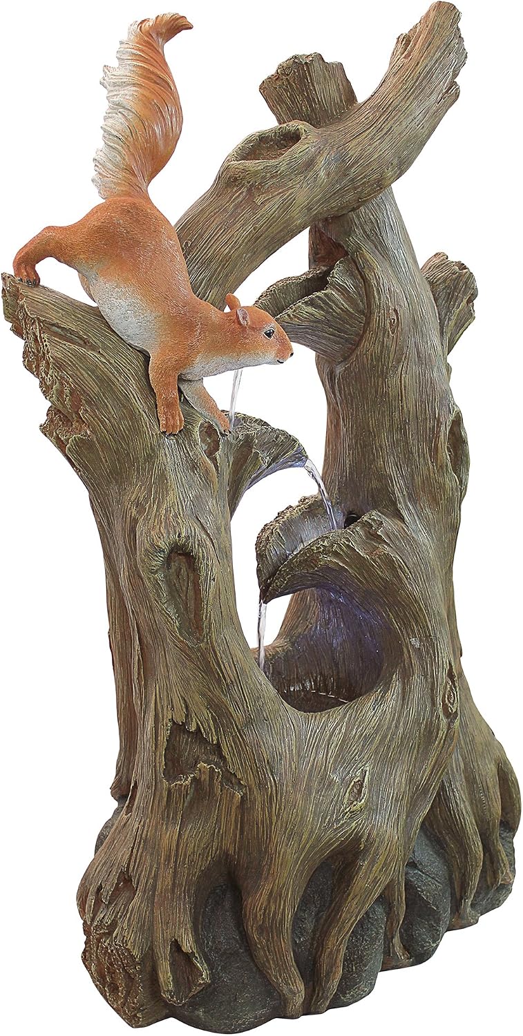 Water Fountain with LED Light - Nearly 3 Foot Tall Tree Squirrel Garden Decor Fountain - Outdoor Water Feature