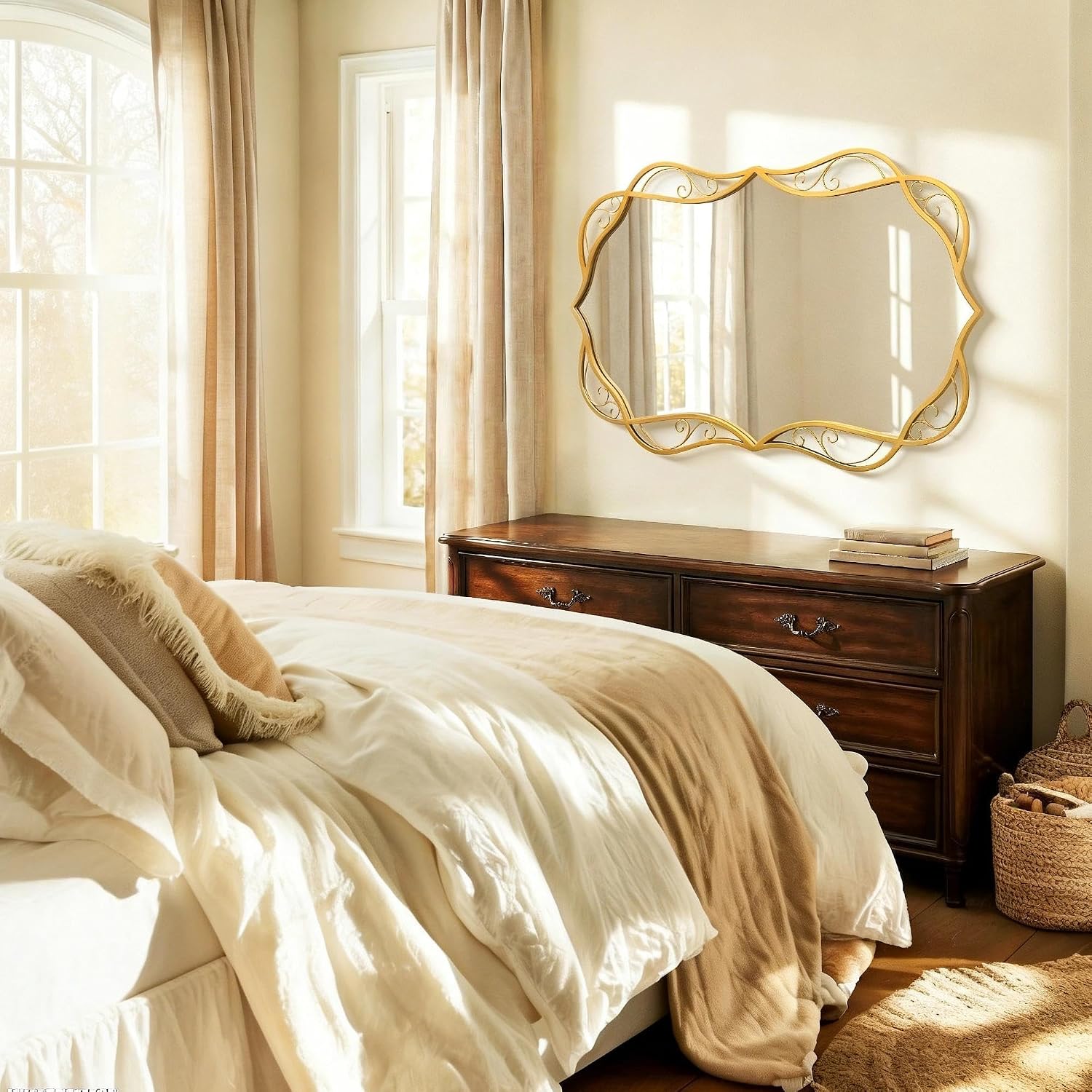 Besdomus Antique Gold Bathroom Mirror: 24'x36' Scalloped Modern Large Bathroom Vanity Mirrors for Over Sink - Farmhouse Decorative Vertical or Horizontal Hanging for Bathroom/Living Room/Entryway