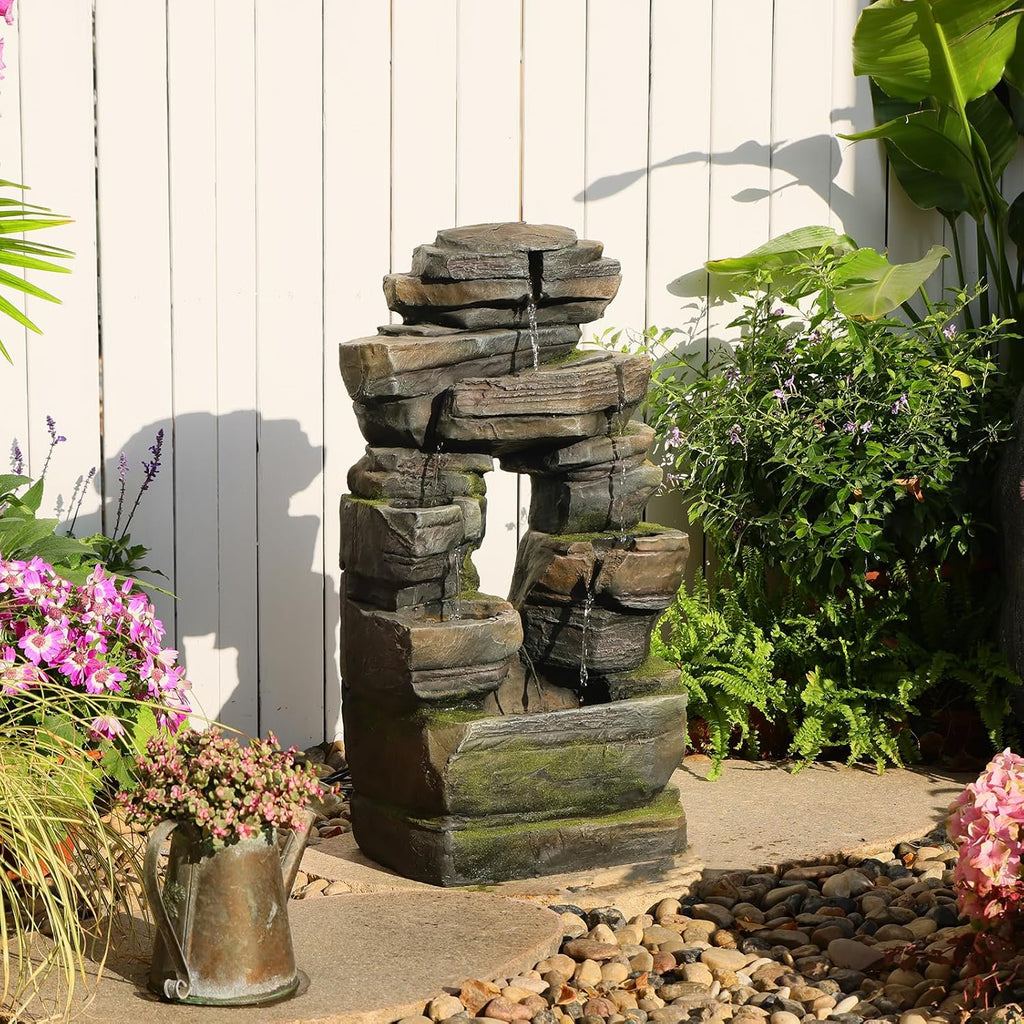 26.4' Outdoor Water Fountain with LED Lights, Stacked Rock Waterfall Fountain, Resin Garden Water Feature for Arch Design, Freestanding Patio, Yard