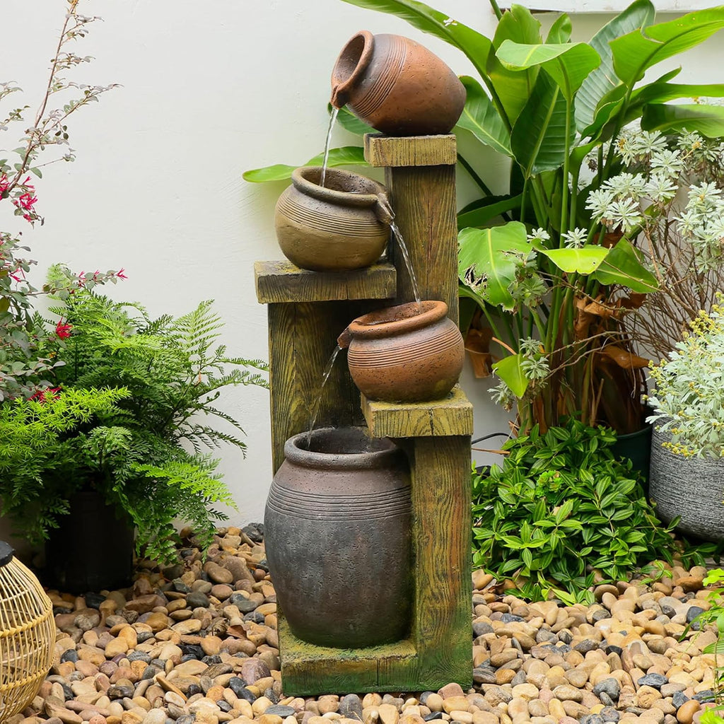 Outdoor Water Fountain with LED Lights, 4-Tier Cascading Waterfall Fountain, Rustic Wood Barrel Resin Outdoor Water Fountain for Garden Patio Backyard Porch Indoor Decor, 36.6' H