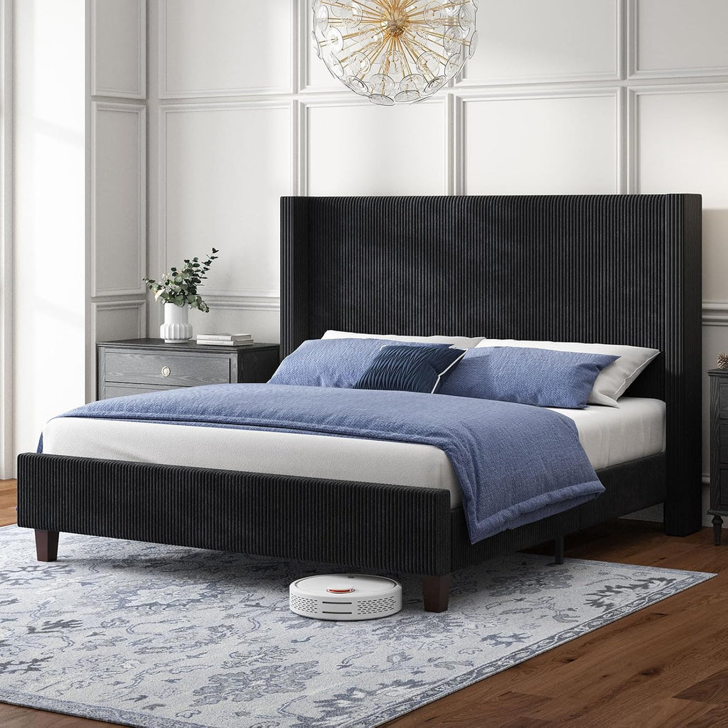 HOWE Queen Size Bed Frame with 50.8' Tall Wingback Headboard, Modern Corduroy Upholstered Platform Bed Frame with Solid Wood Slats & Legs, No Box Spring Needed, Noise-Reducing Design, Black