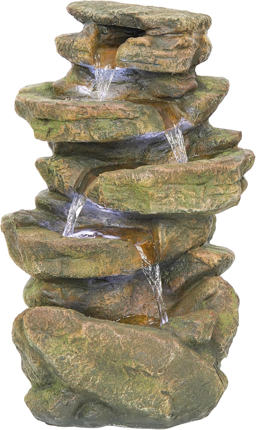 Alpine Corporation 20' H Outdoor Multi-Level Rock Floor Fountain with LED Lights, Brown