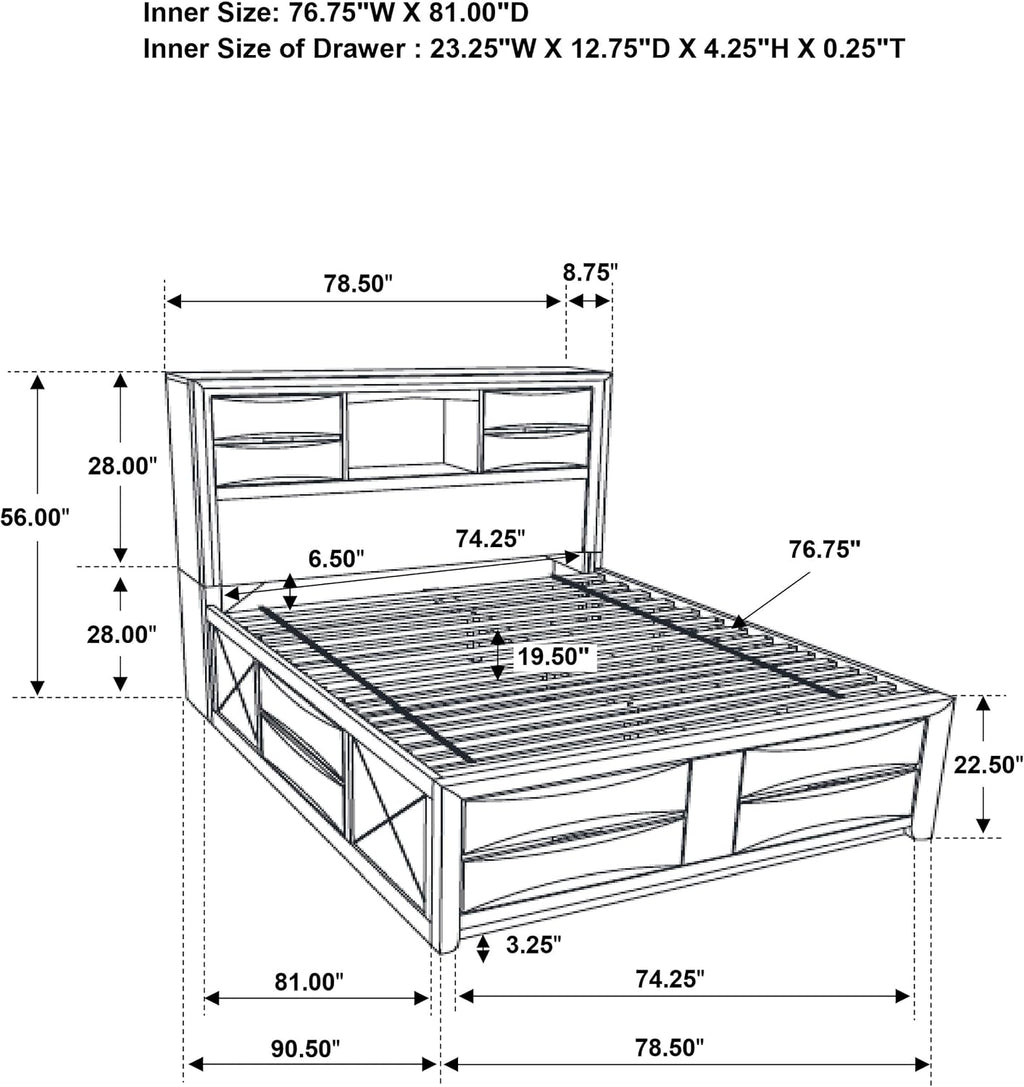 Coaster Home Furnishings Briana Transitional 4-Piece Bedroom Set Eastern King Size Storage Bookcase Bed Frame 56-inch Headboard Black 202701KE-S4